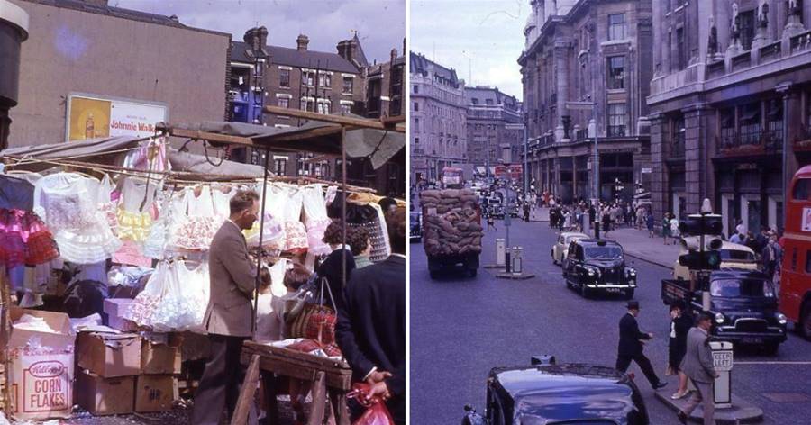 Old photo, street scene in London, England, 1962